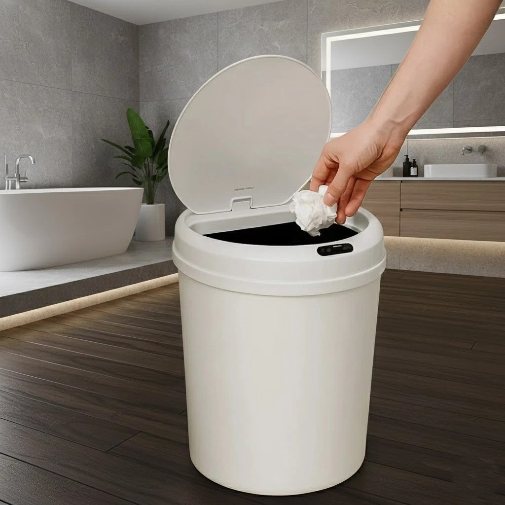 Lixeira Automática Sensor Redonda Cesto Descartável Reciclagem Sujeira Papel Folha