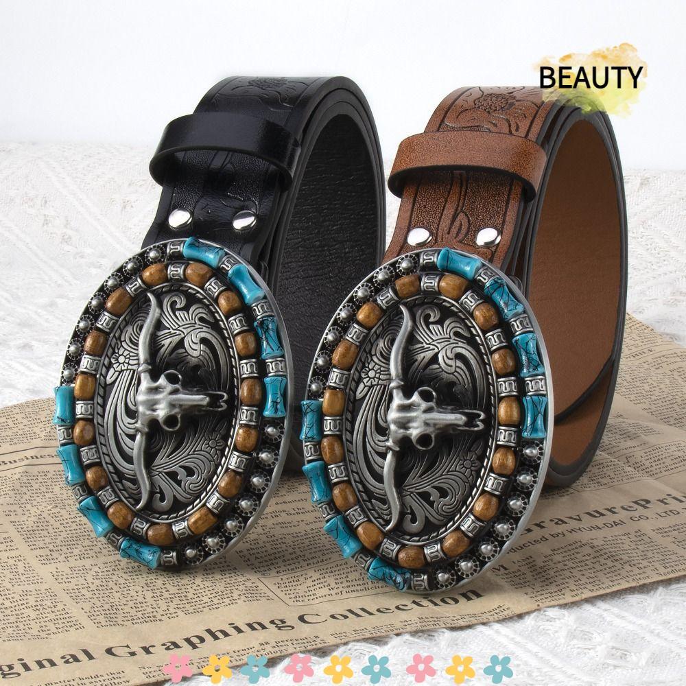 BEAUTYHOMEBR Cinto De Couro PU , Cowboy Ocidental Vintage Retrô , Fivela De Cabeça De Vaca Esculpida Calças Jeans