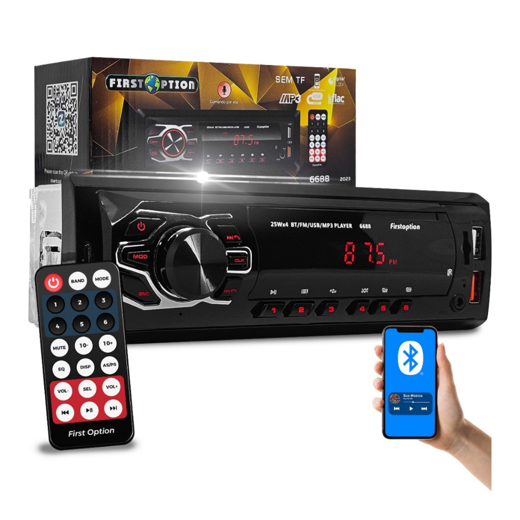 Rádio MP3 Player Som Automotivo Universal Bluetooth USB RCA Aux LED Vermelho 1 Din First Option 6688