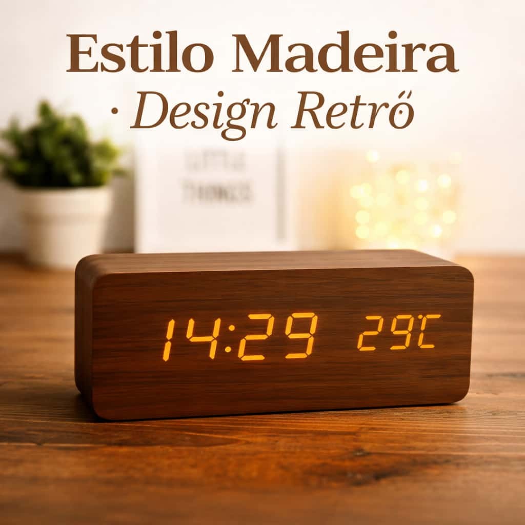 Relógio Digital de Mesa Estilo Madeira  Cabeceira Retrô com Temperatura