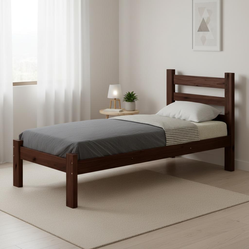 Cama Solteiro de Madeira Maciça Reforçada Castanho