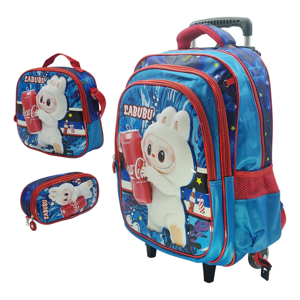 Kit Mochila Escolar Menino Infantil 3d Rodinhas Labubu Coca