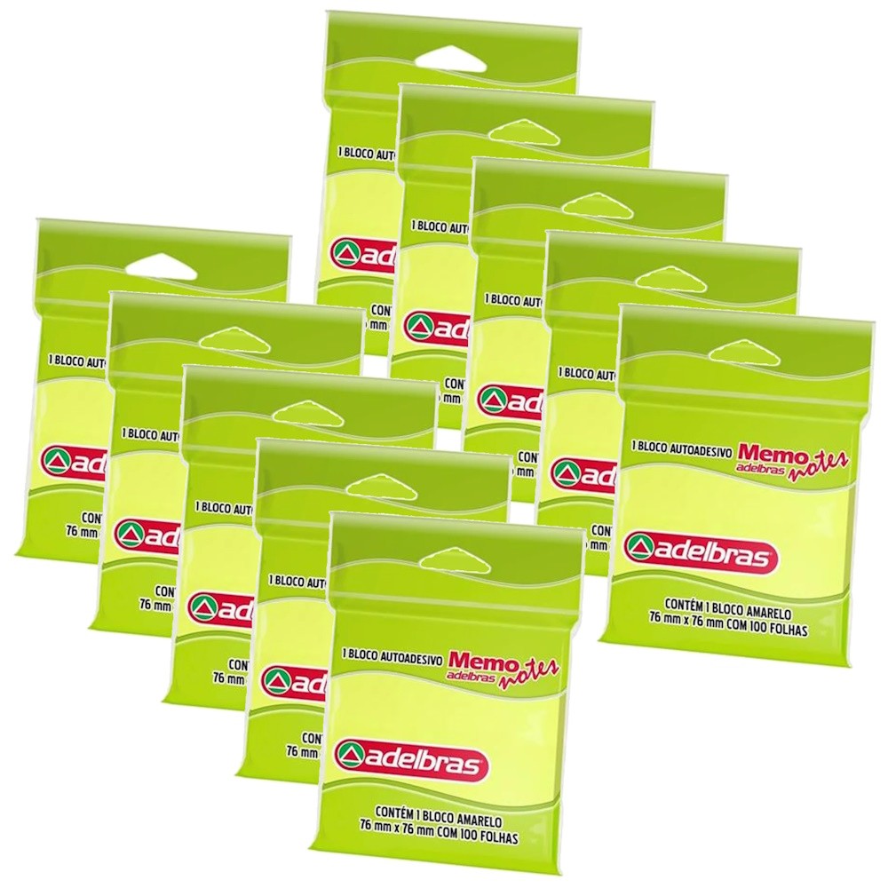 Kit 10 Blocos Autoadesivos Memo Notes 76x76mm Amarelo Com 100 Folhas Para Recados Anotações