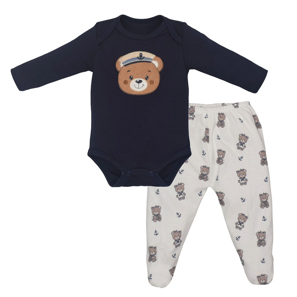 Conjunto Bebês Body Marinheiro Azul Marinho e Culote Marfim Upi Uli