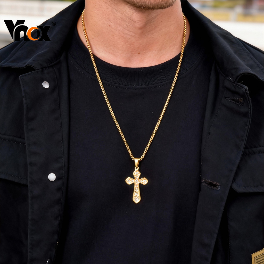 Colar Com Pingente De Cruz De Zircônia Cúbica Vnox Para Homens E Mulheres , Presente De Aniversário Cristão Religioso Da