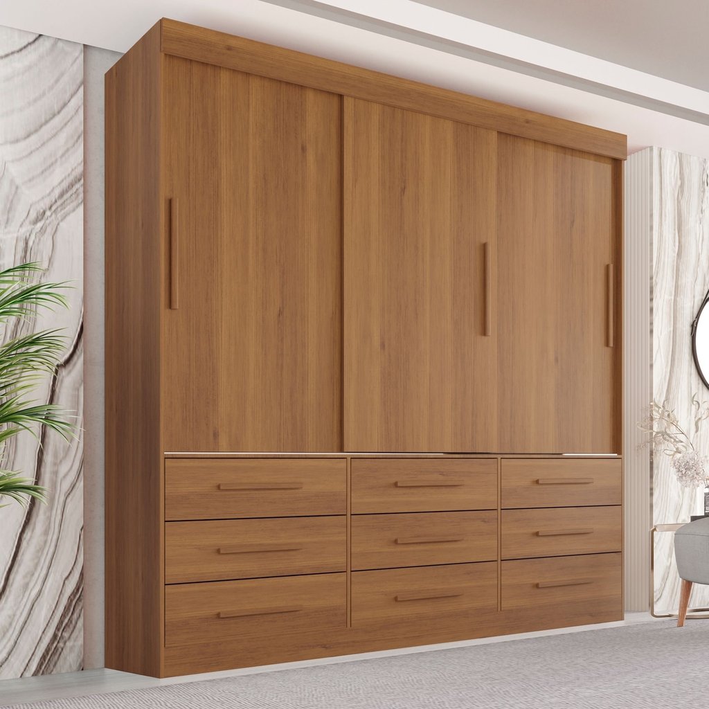 Guarda Roupa Casal 3 Portas 9 Gavetas Luana  Cinamomo