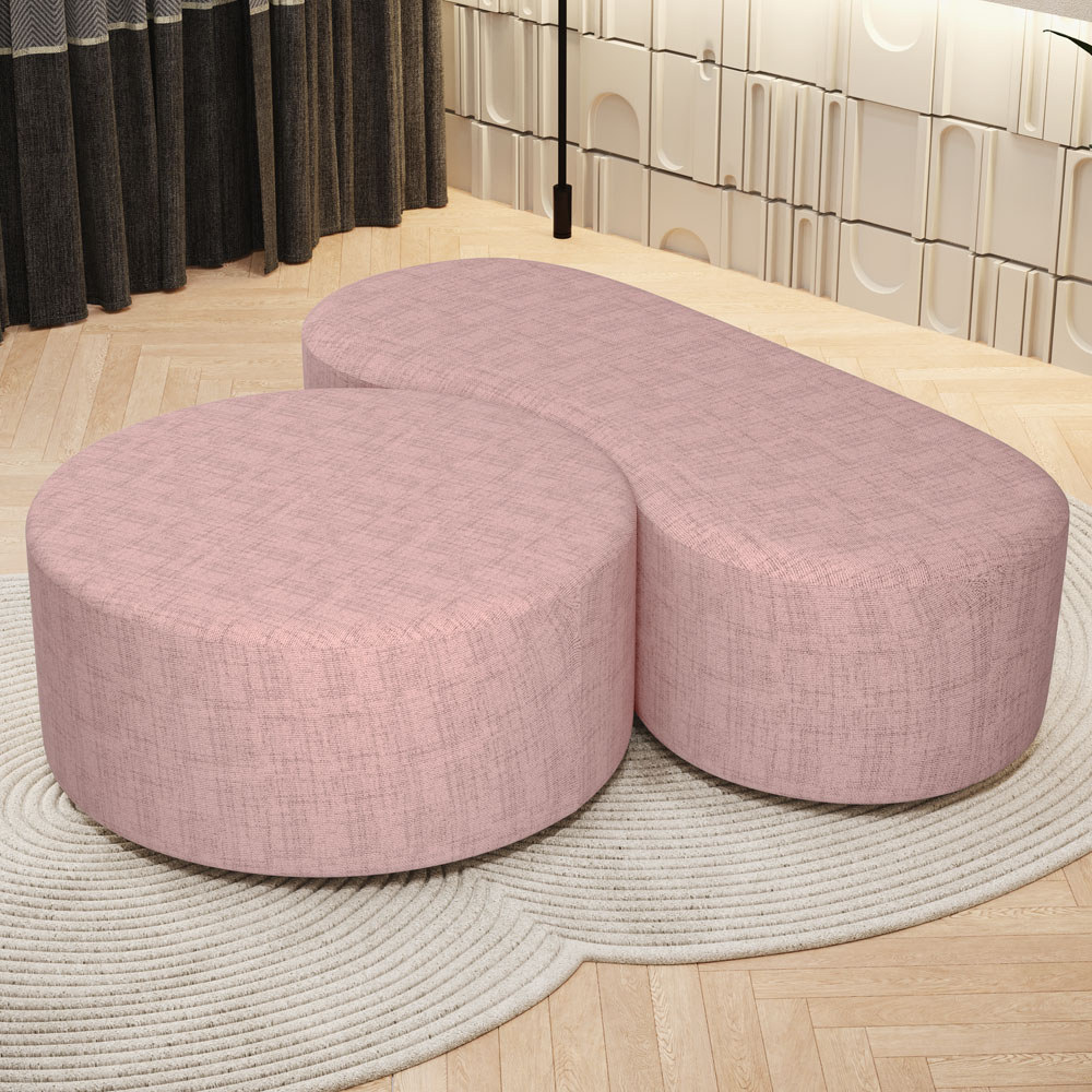 Kit Puff Redondo Lola e Puff Recamier Orgânico Orbit W01 Linho Rosa - Lyam Decor