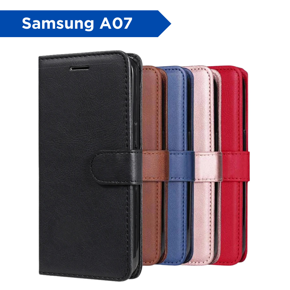 Kit Capa Carteira P/ Samsung Galaxy A07 - Couro Sintético Case Capinha e Película 3D Vidro/Hidrogel