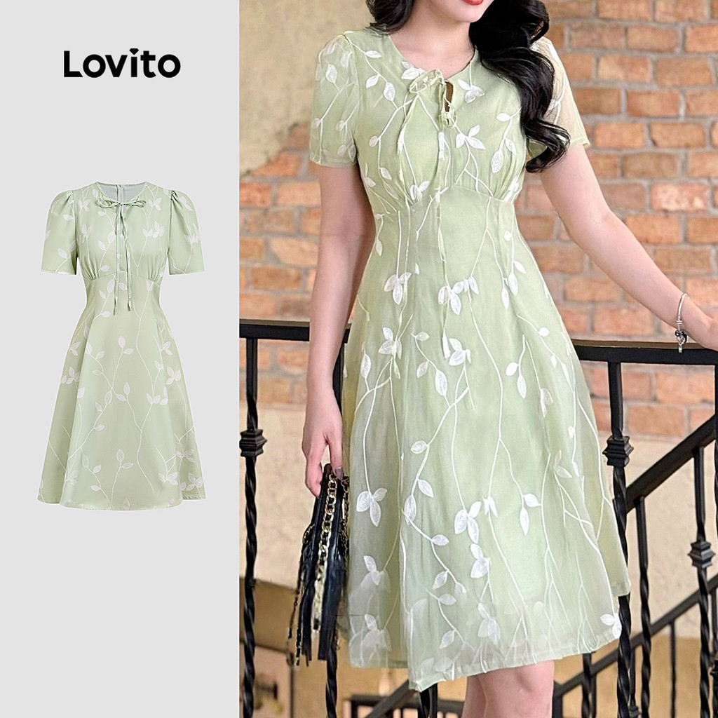 Lovito Vestido Elegante Frente Amarrar Flores Confortável e Estiloso Vestido Primavera/verão para Mulheres L172ED1847 em Oferta na Shopee