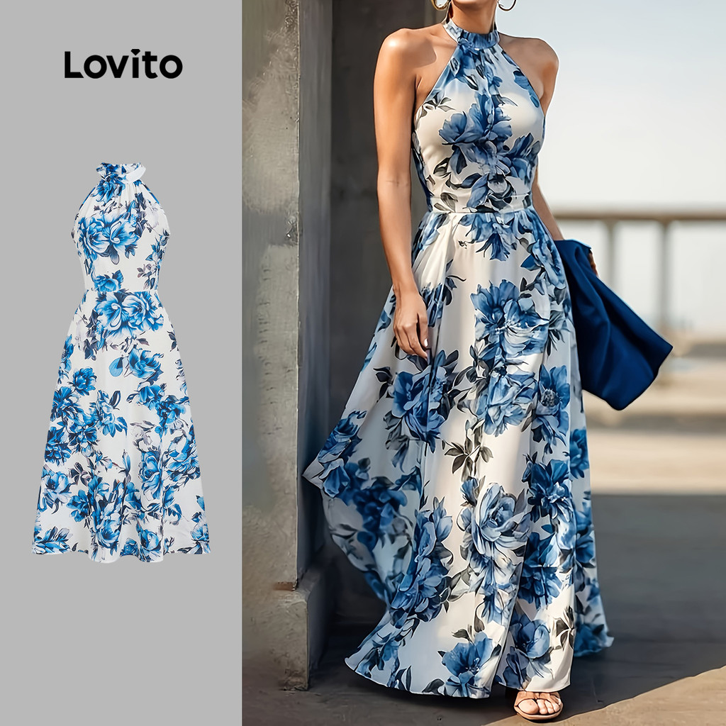 Lovito Vestido Longo Boho Estampado Carnaval Novo Visual Com Zíper Estilo Resort Primavera/verão Azul E Branco LBL32032