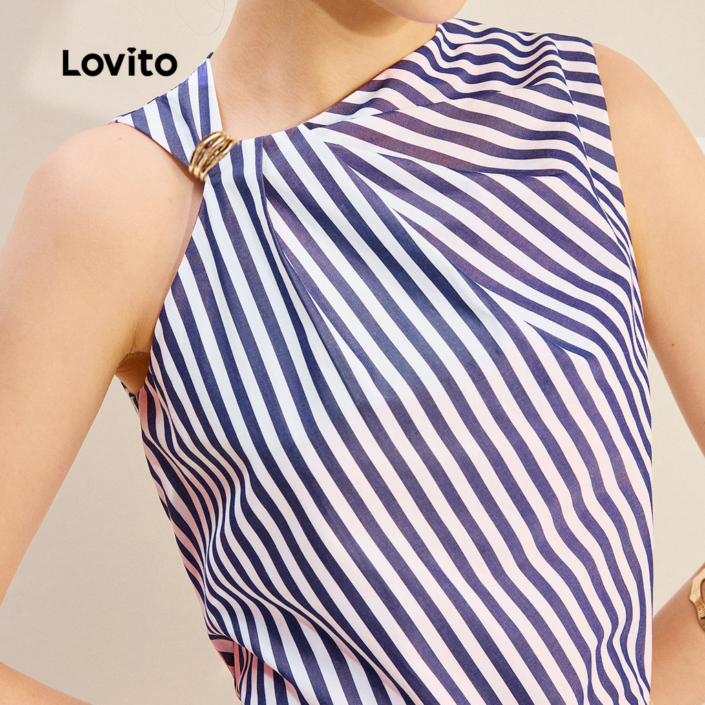 Lovito  Top Elegante com Fivela Metálica Assimétrica, Listrado, para Primavera/verão, para mulheres. L172ED770 em Oferta na Shopee