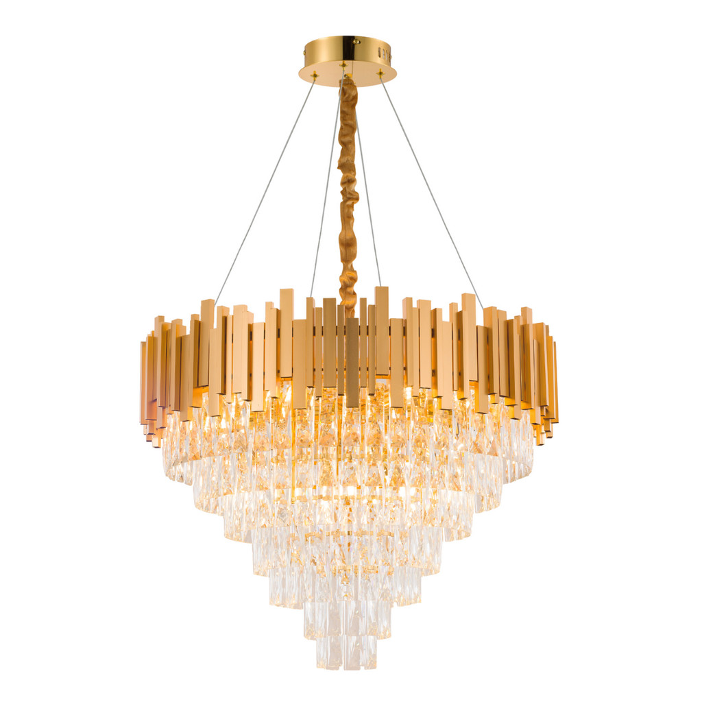 Luminária Pendente Lustre Luxuoso Dourado e Cristais Vana Sindora inl106