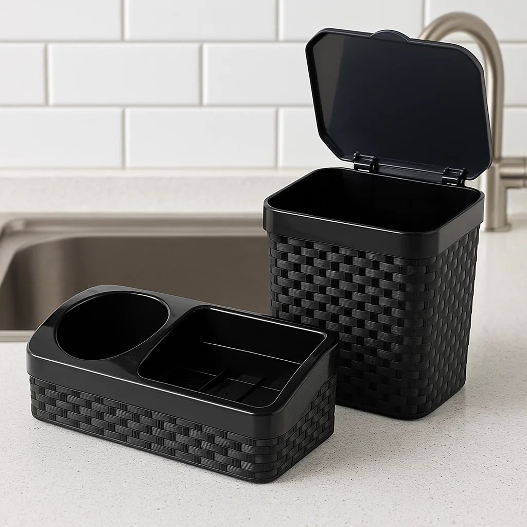 Kit Cozinha Lixeira Cesto Rattan 5 Litros para Pia ou Mesa + Porta Detergente Bucha Base Rattan Preto