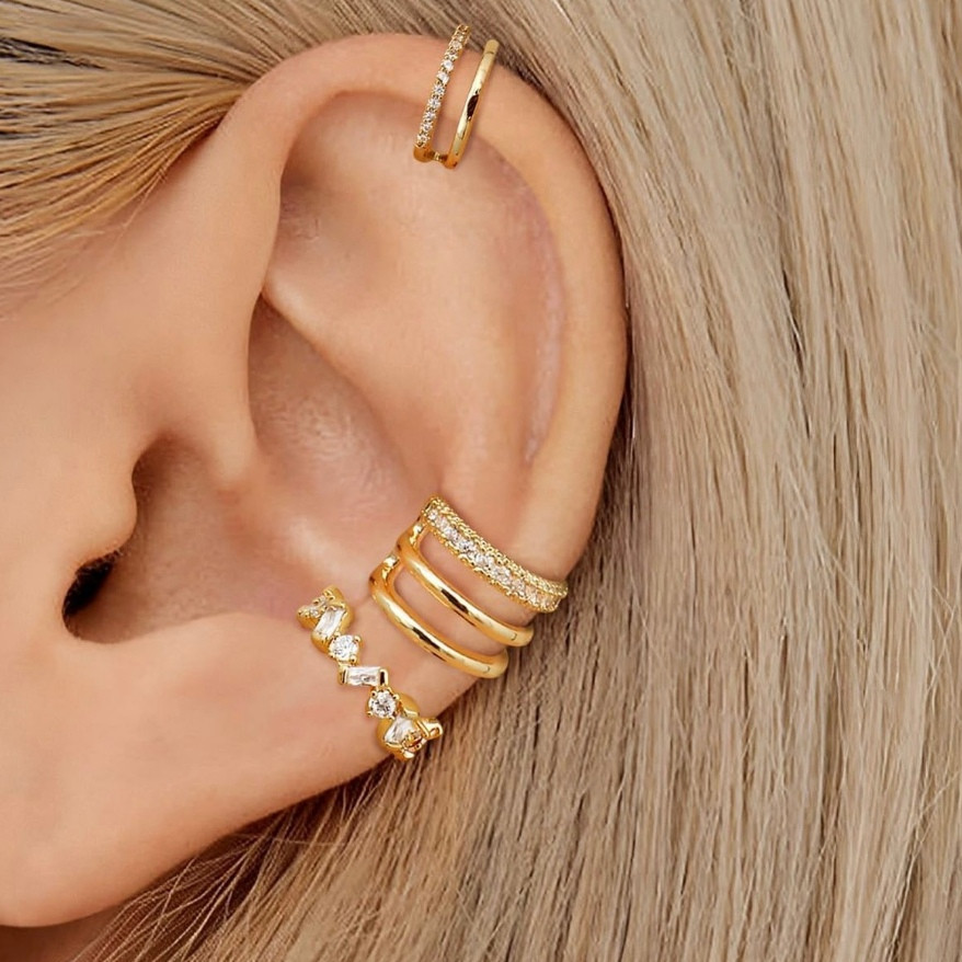 3 Piercing Joia Fake de Orelha Delicado Brinco de Pressão Conjunto da Moda Falso Cravejado Banhada Ouro 18k Prata 925