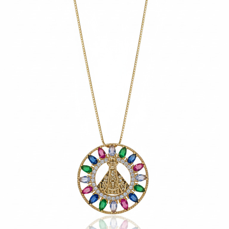 Colar com Pingente em Formato Medalha Redonda Layer Zircônias Baguete