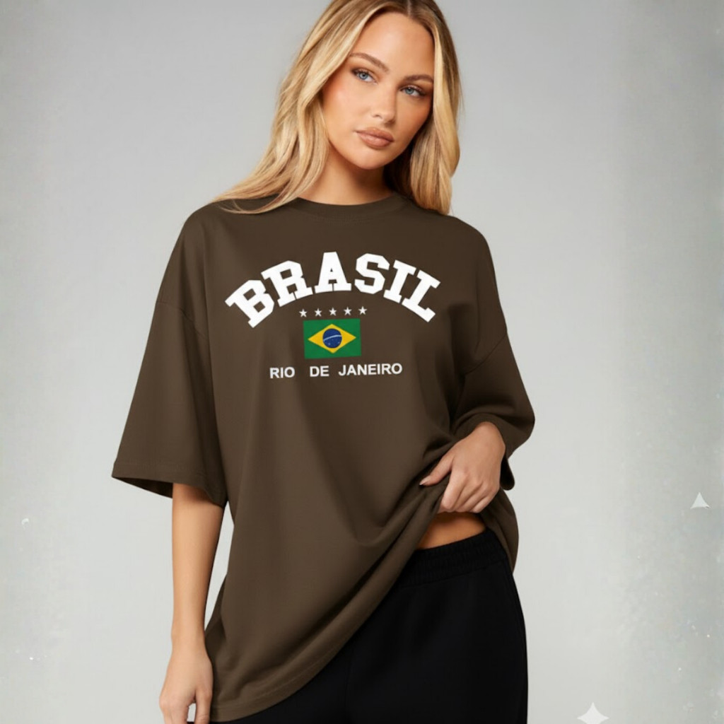 Camiseta Blusa Larga Feminina Brasil Lançamento Copa 2026 Estampa Futebol Tendência Rio De Janeiro