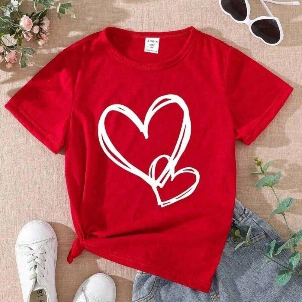Camiseta Infantil 100% algodão Coração Duplo Manga Curta Gola Redondo E Estampa De Coração Para Meninas Pré-adolescentes