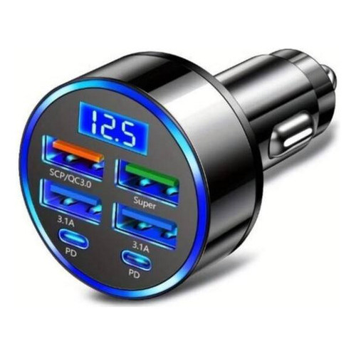 Imagem Adaptador de carro Carregador celular rapido 6 Portas 2 USB-C 4 USB-A Smartphone Tablet 12v preto