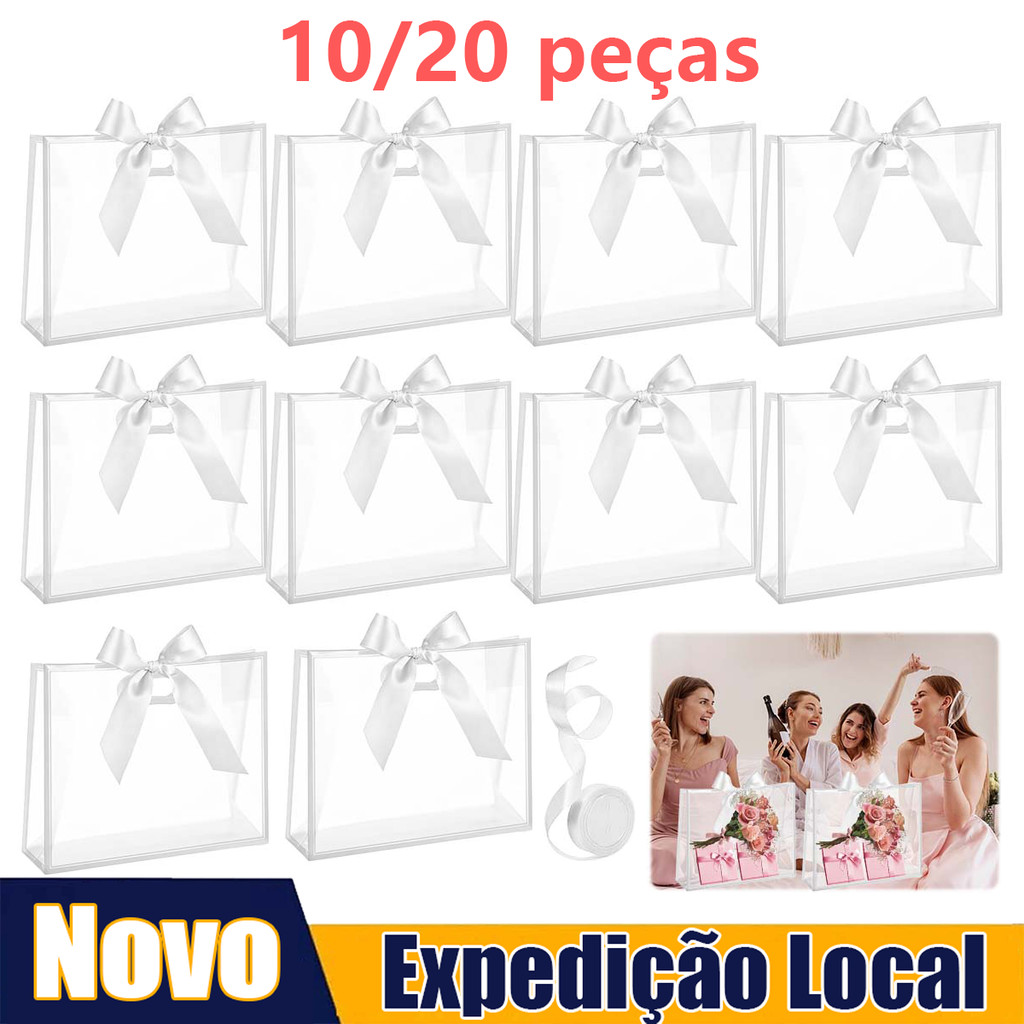 Sacola de presente 30x25x12cm, 10/20 peças de sacola branca transparente,sacola de presente para convidados,reutilizável