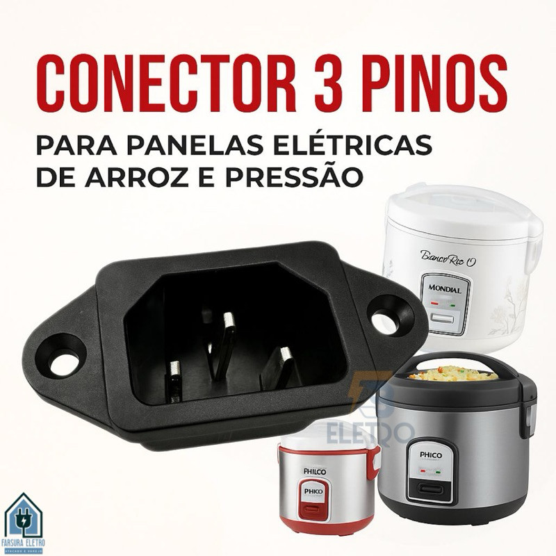 Conector Tomada 3 Pinos C14 Panela Elétrica de Arroz Mondial Pe-02 Pe-03 NPE-05 NPE-08 PE-10 PE-42 PE-43