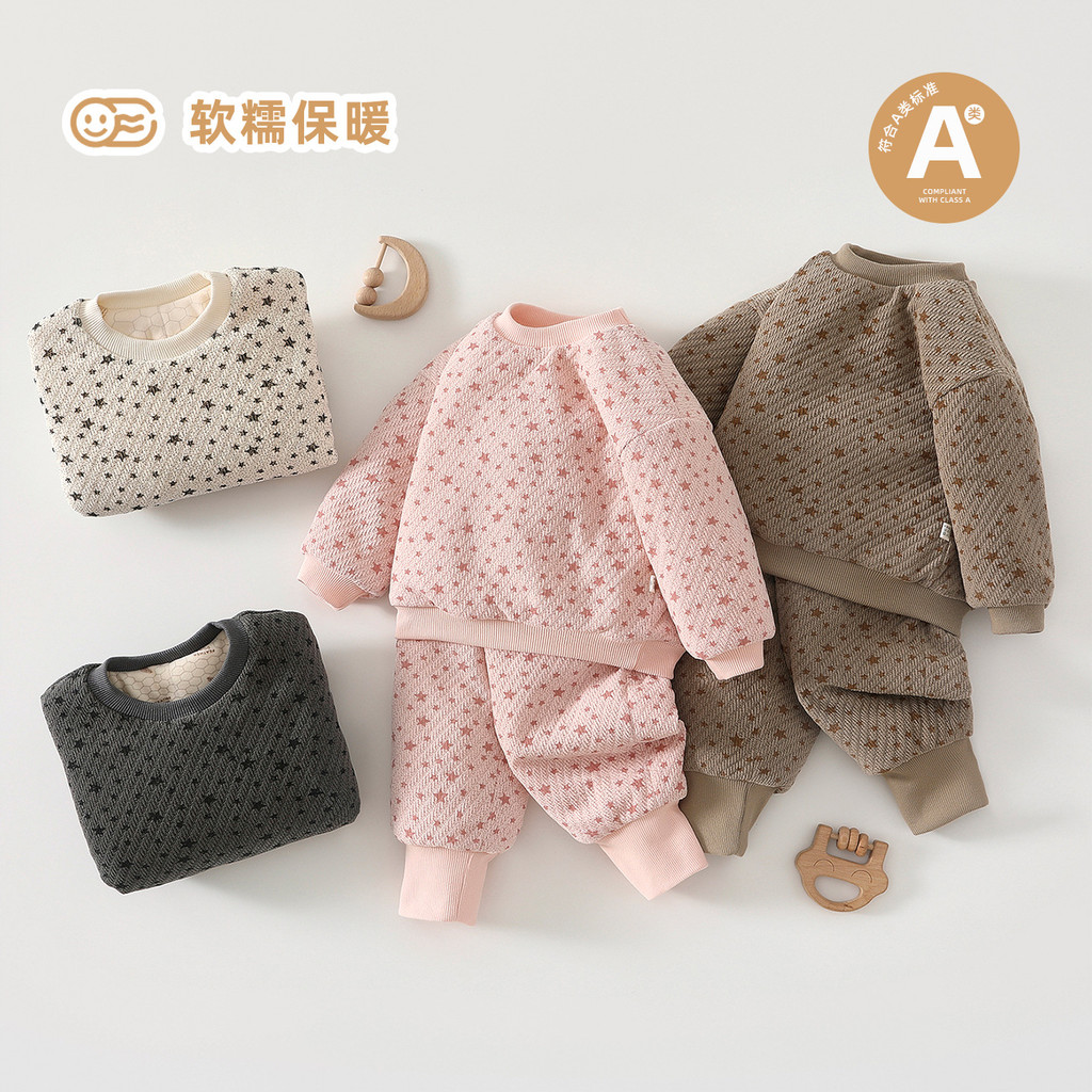 25 infantil outono inverno novo estilo terno quente masculino feminino bebê acolchoado Jacquard moletom de duas peças en