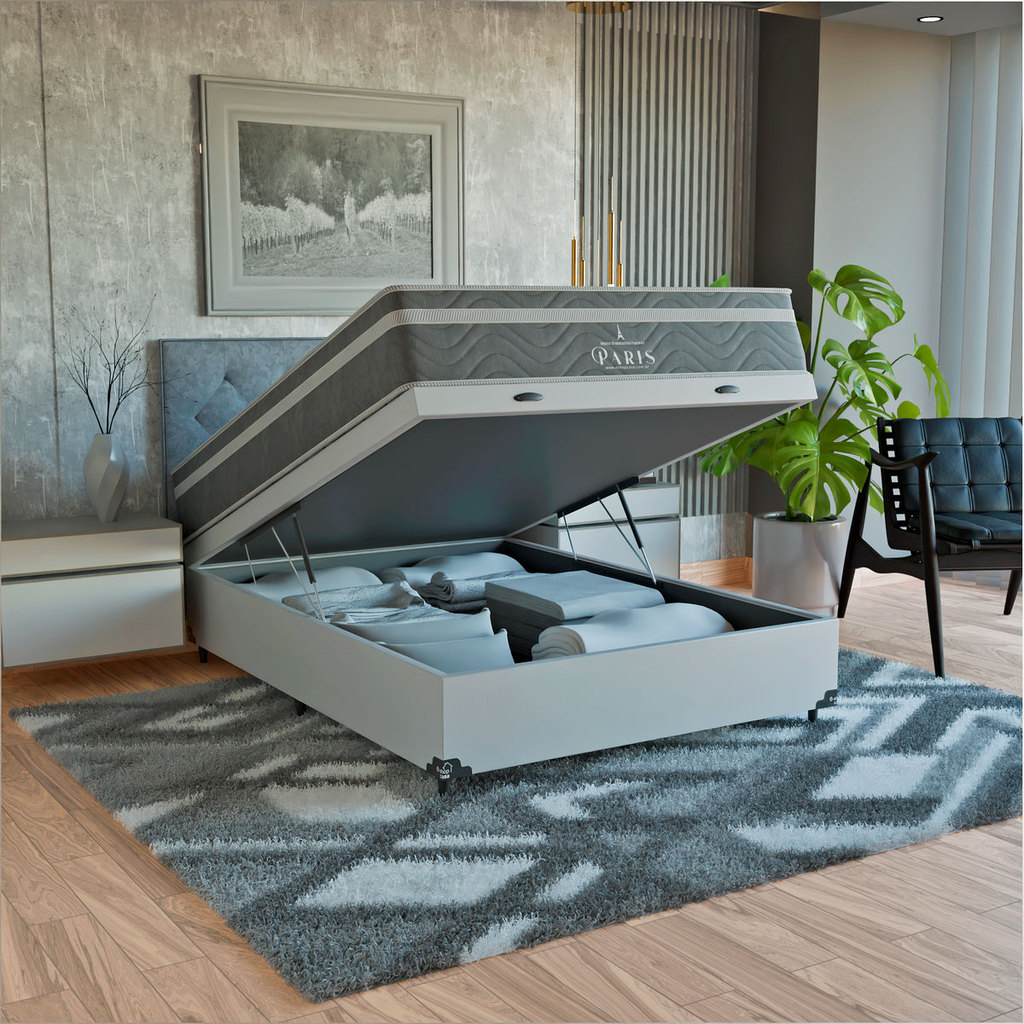 Cama Box Baú Viúva + Colchão Paris Molas Ensacadas Cinza