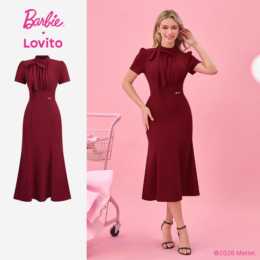 (New arrival) Barbie™ X Lovito Vestido Casual Babado Bainha Laço Frontal Primavera/Verão Clarete Mulheres DRBL2PAD046 em Oferta na Shopee