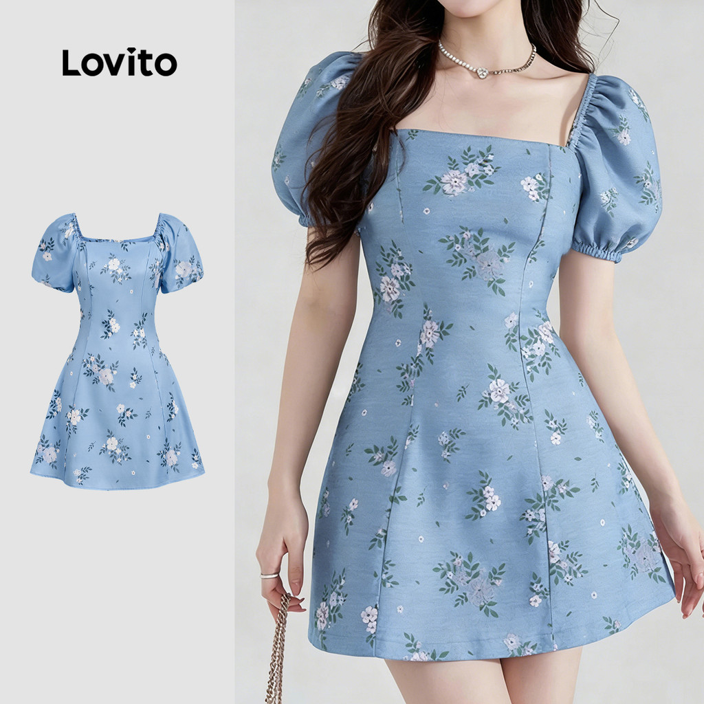 (NEW) Lovito Vestido Casual com Zíper e Franzido para Primavera/verão para Mulheres L178LD2047