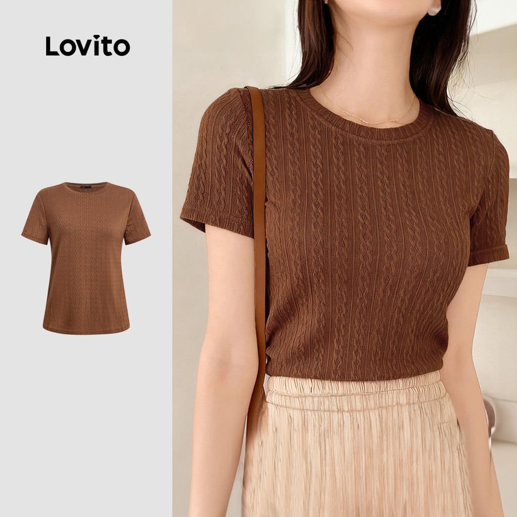Lovito Casual Tshirt Tecido Texturizado Primavera/verão Camiseta Marrom Moka para mulheres LK2ED1608 em Oferta na Shopee