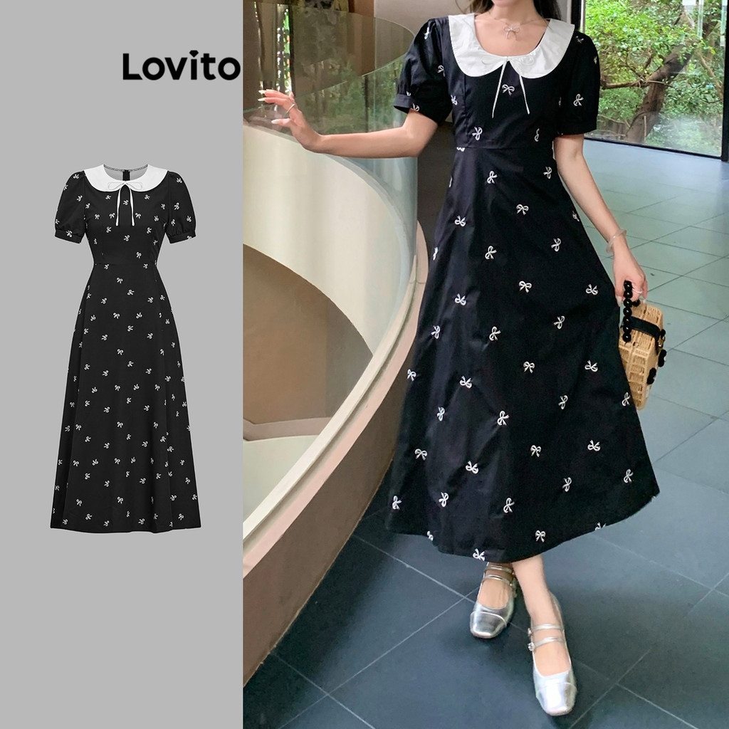 Lovito Vestido Casual Com Laço Geométrico E Gola Contrastante Vestido Drapeado Para Mulheres L106AD1217 em Oferta na Shopee