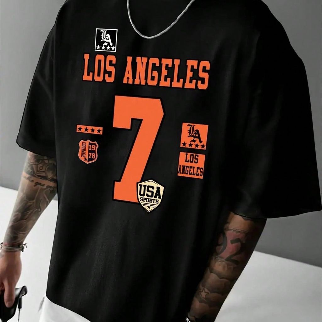 Camiseta Masculina Estilosa Estampada Los Angeles 7 Lançamento Camiseta 100% Algodão Oversized Plus Size Camiseta