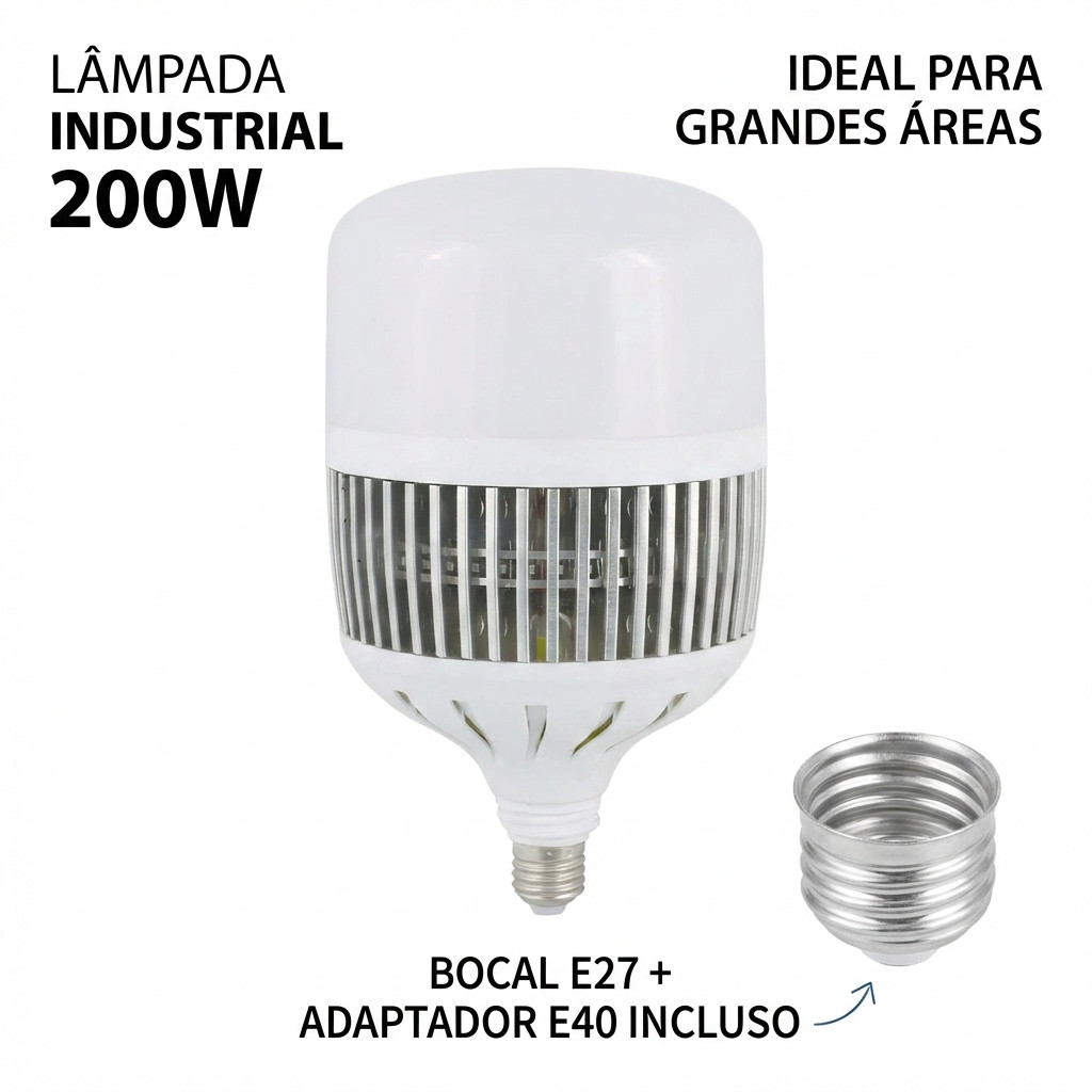Bulbo LED Lâmpada Industrial 200W Bivolt 6500K Branco Frio E27 c/ soquete E40 | Alta Potência Galpão | Áreas Grandes