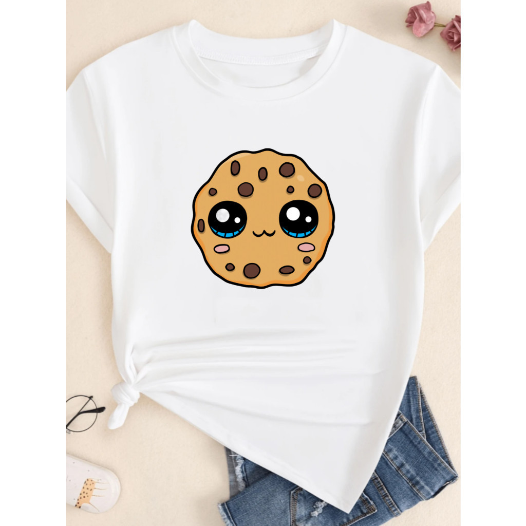 Camiseta Unissex em Algodão LINDA Camiseta De Algodão Estampada Biscoito Smile Camisa Masculina Roupa Feminina T-Shirt B