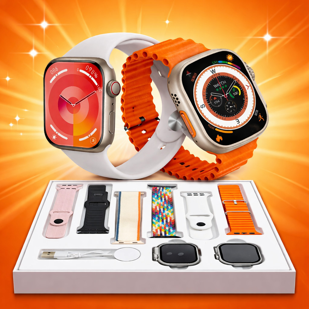 Kit SmartWatch com 2 Relógio Inteligente e 6 Pulseiras Monitoramento de Saúde Chamada Bluetooth original A’Gold