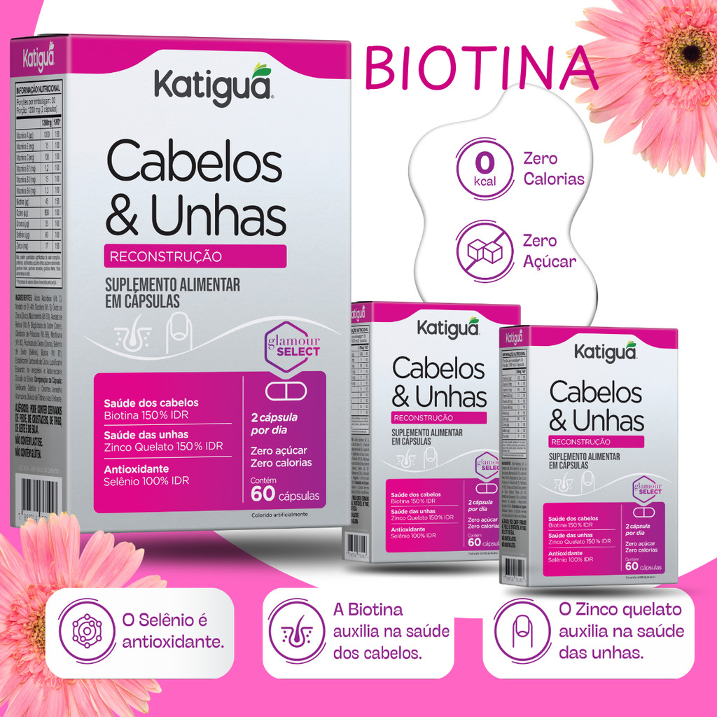 Kit 3 Multivitamínico Cabelos e Unhas Biotina B6 Selênio Cromo Zinco 60 Cápsulas