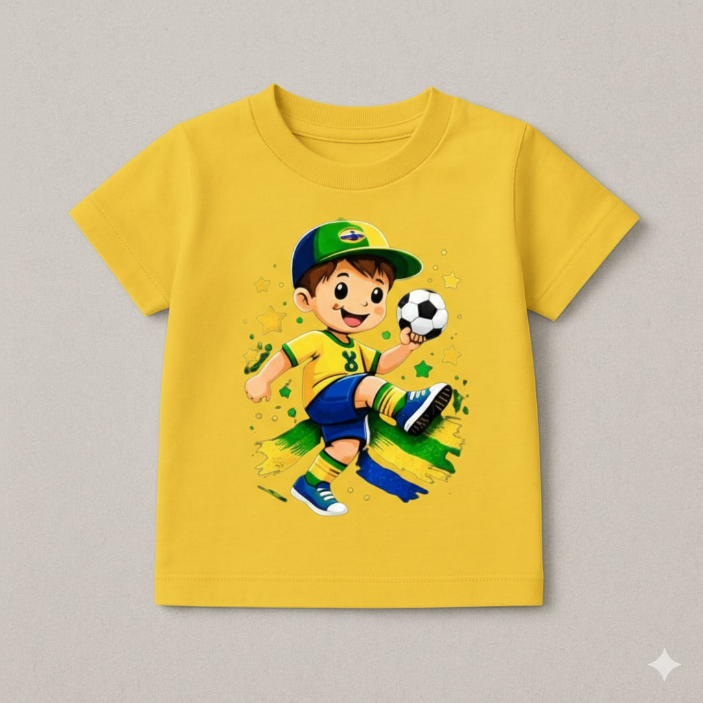 Camiseta Infantil Futebol Copa do Mundo Brasil Blusa Menino Estampa Jogando Futebol Branca Preto Verde Azul e Amarelo