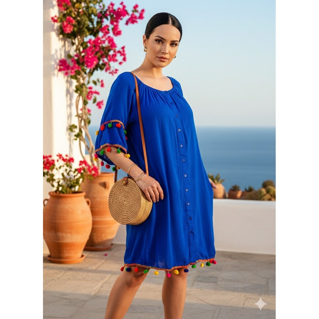 Vestido Feminino Boho Chic Azul Royal C/ Pompons Coloridos Blogueira Verão Tendência 2026 #100514 em Oferta na Shopee