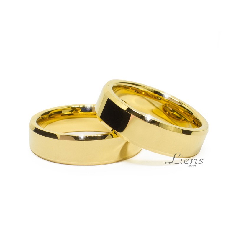 Par de Aliança Casamento Borda Chanfrada 6 ou 8mm Tungstênio Banhada Ouro 18K Anatômica