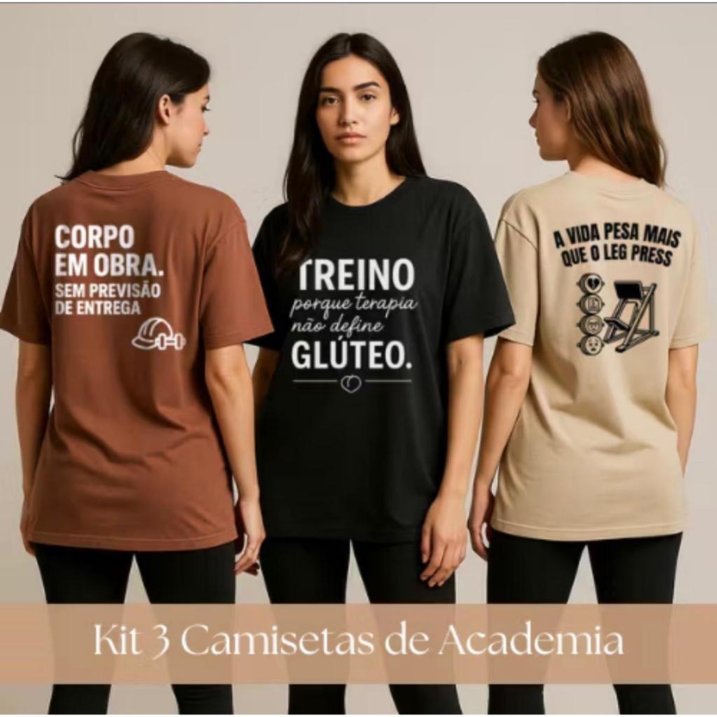 Kit 3 Camisetas de Academia Feminina Oversized Conjunto 100% Algodão Blusa Leve de Academia Treino