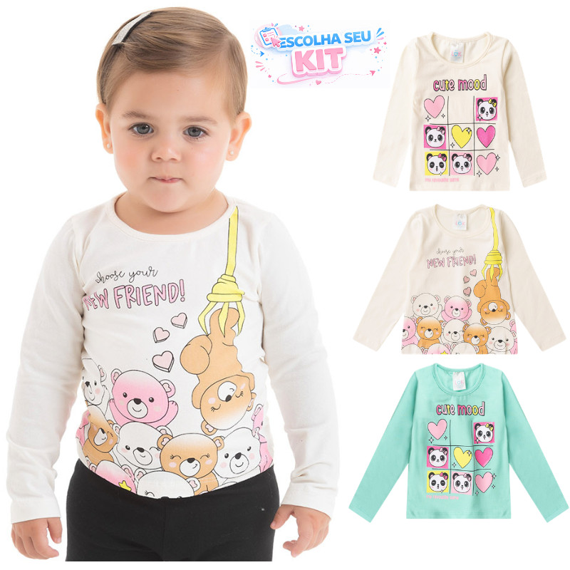 Kit 2 Blusas Infantis Manga Longa Feminino Cotton Menina Estampadas Confortáveis 4 Cores Dia a Dia