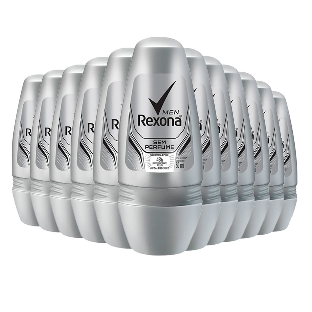 Kit Desodorante Roll On Rexona Men Sem Perfume 50ml - 12 Unidades em Oferta na Shopee