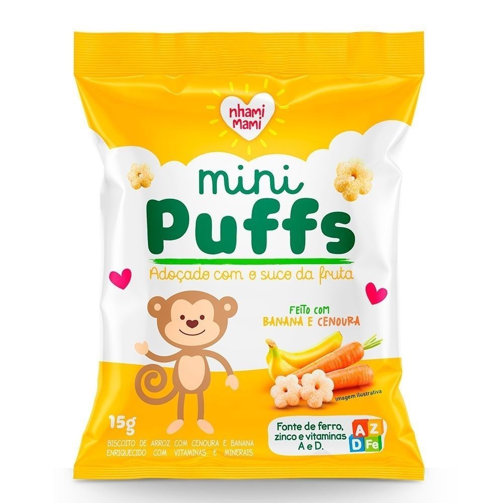 Biscoito Nhami Mami Mini Puffs Snack Banana e Cenoura 15g em Oferta na Shopee