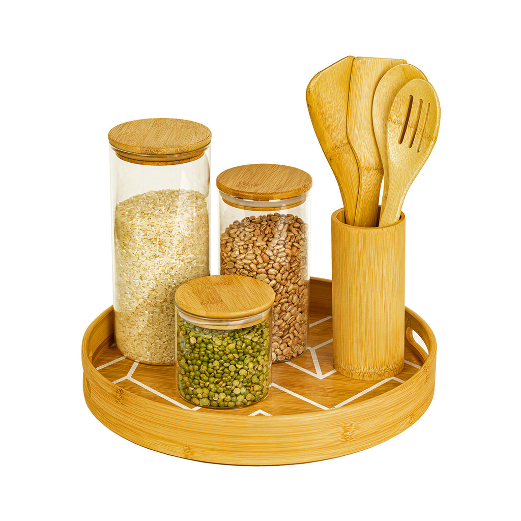 Kit Bandeja Redonda C/ Utensílios E Potes 1650/1100/500ml Oikos em Oferta na Shopee