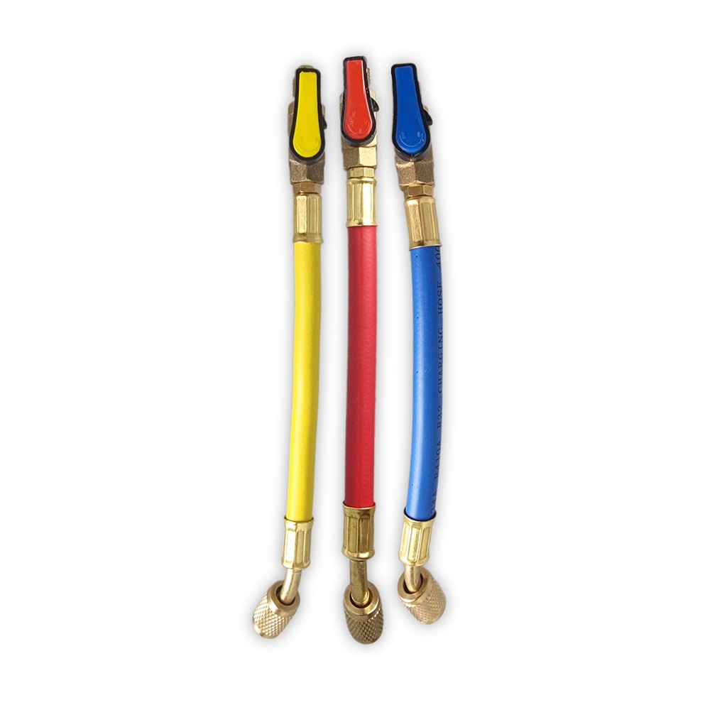 Kit 3 Mini Mangueira para Manifold C/ Registro Bola Conexão 1/4 Sae Azul/Amarelo/Vermelho