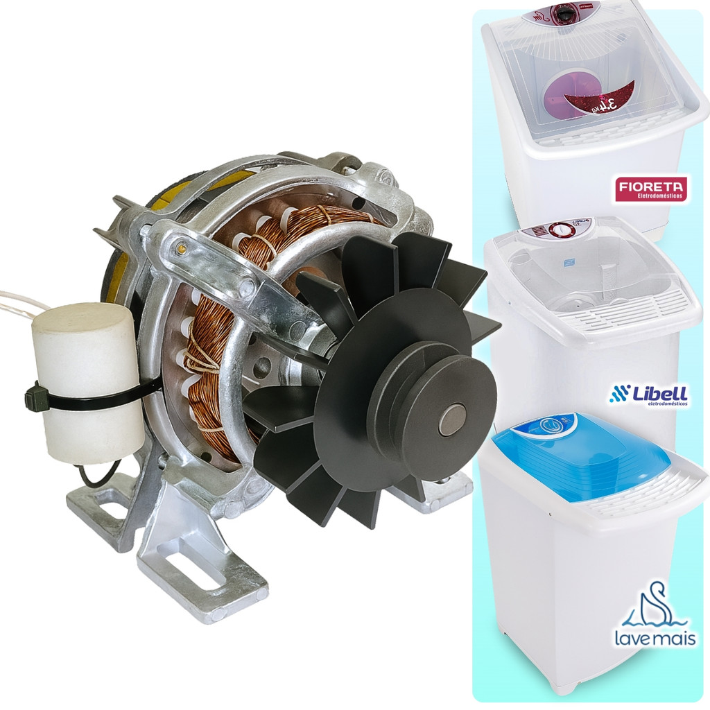 Motor De Tanquinho Libell Lave Mais Fioreta Guaru 127v 220v 1/4 CV Com Capacitor Polia Em V