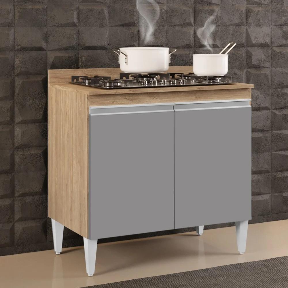 Balcão para Cooktop 80cm 2 Portas Flórida Castanho/Cinza - Lumil