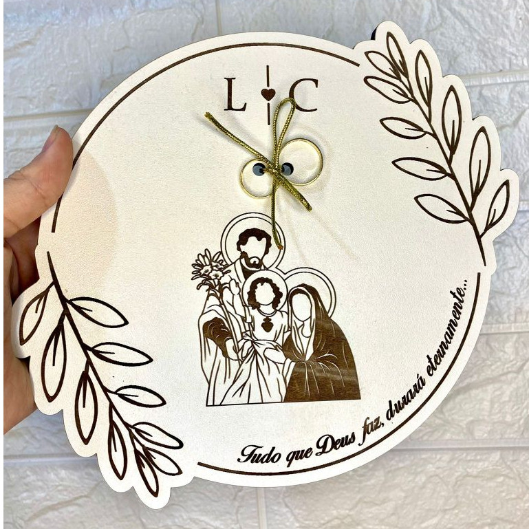 Porta Aliança Sagrada Família Personalizado com Iniciais - MDF Branco 25cm
