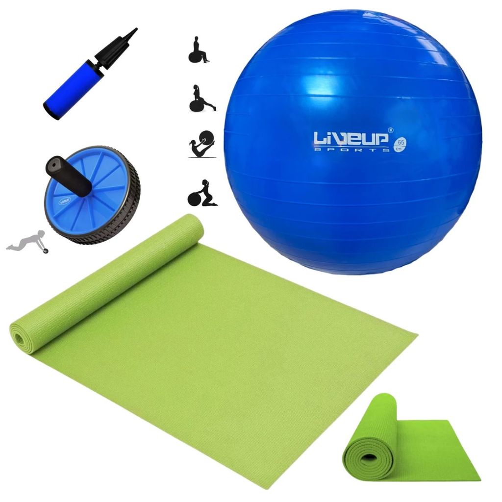 Kit Bola Suiça 65cm+ Mini Bomba + Roda Abdominal + Colchonete Pilates e Exercício