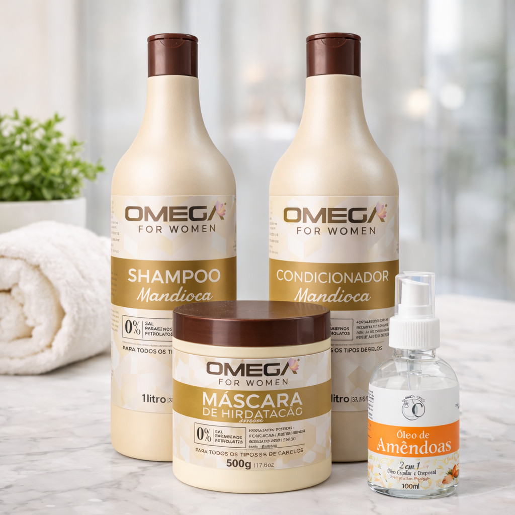 Kit Mandioca Shampoo 1L + Condicionador + Máscara + Óleo de Amêndoas – Crescimento e Hidratação