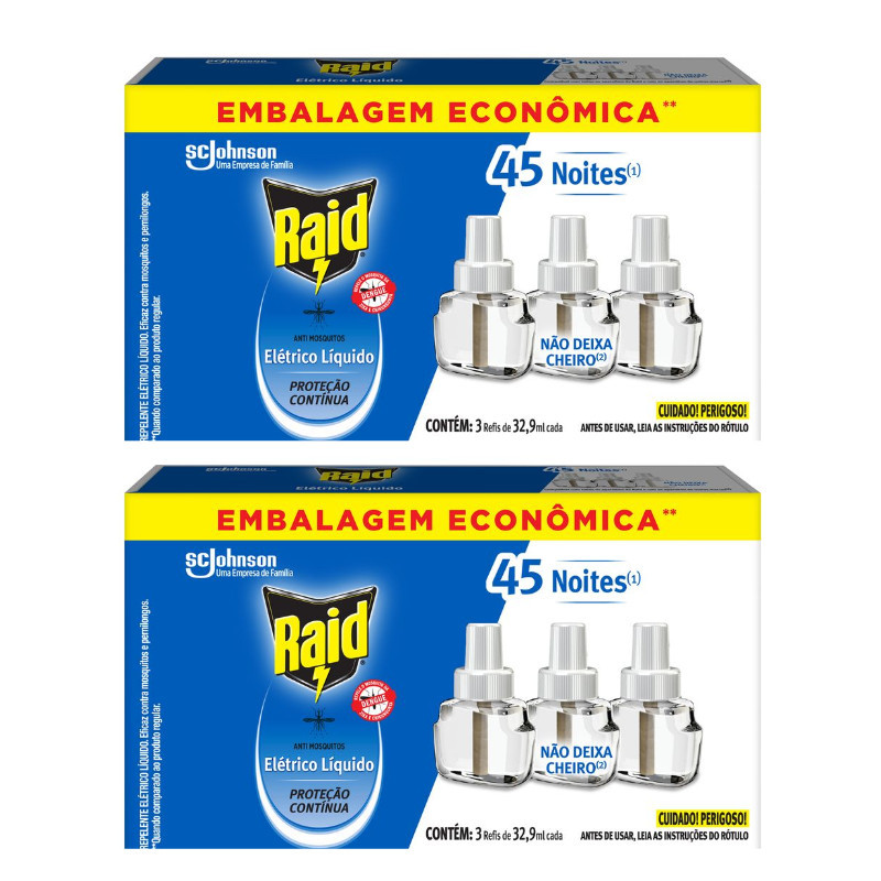 Kit 6 Refil Repelente Elétrico Raid 45 Noites 32,9ml Com 3 Unidades cada